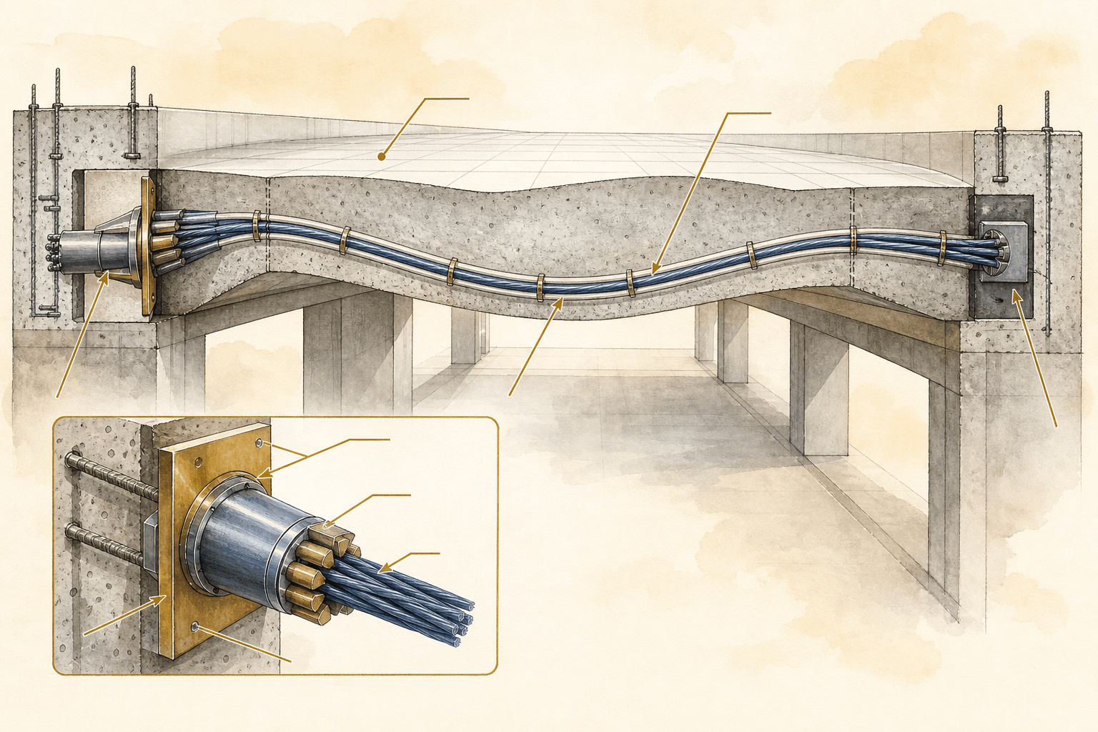 Post-tension slab cross-section with steel tendons and anchorages