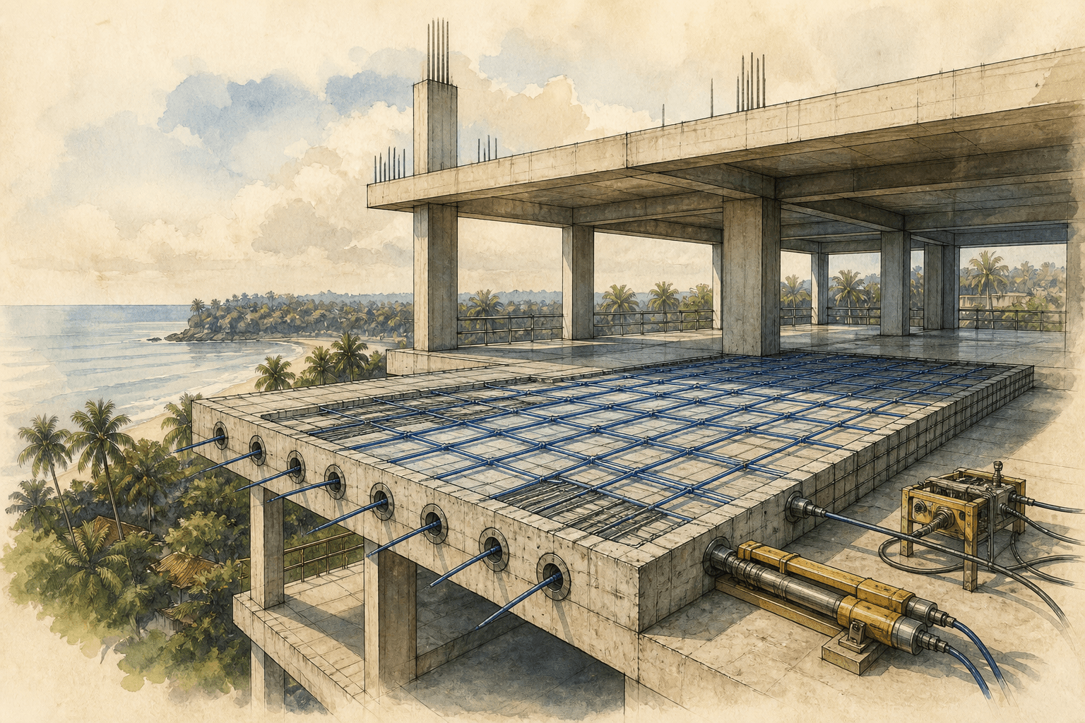 Post-tension concrete construction with visible PT tendons